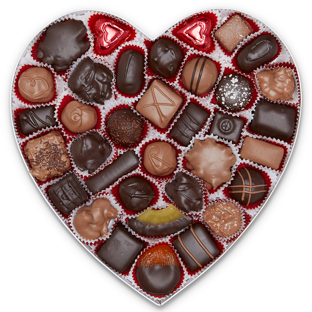 Red Damask Fabric Heart Box (1.5 lb) - Edelweiss Chocolates