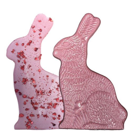 Bunny bark made with ruby chocolate and freeze dried raspberry pieces made in los angeles and beverly hills