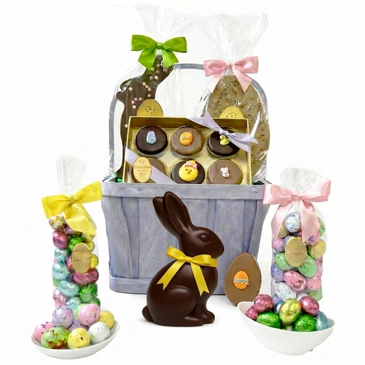Easter gift basket with chocolate bunny, cookies, and candy. Made in Los Angeles & Beverly Hills