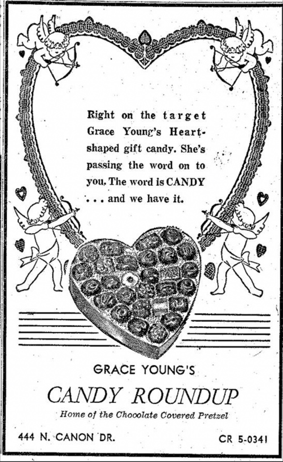 Candy Round-Up’s 1956 newspaper advertisement featuring the words Home of the Chocolate Covered Pretzel.