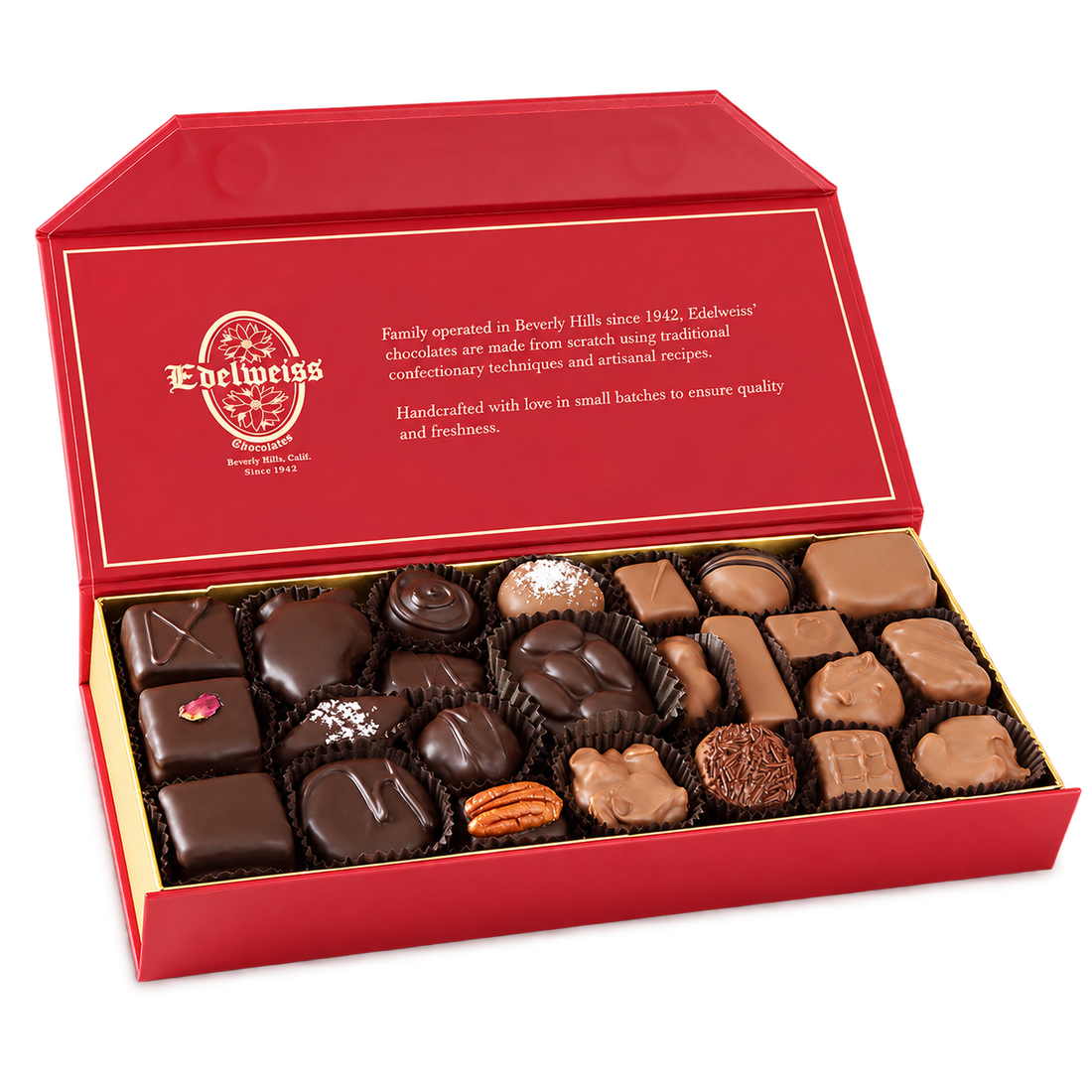 Open Edelweiss red gift box filled with assorted chocolates