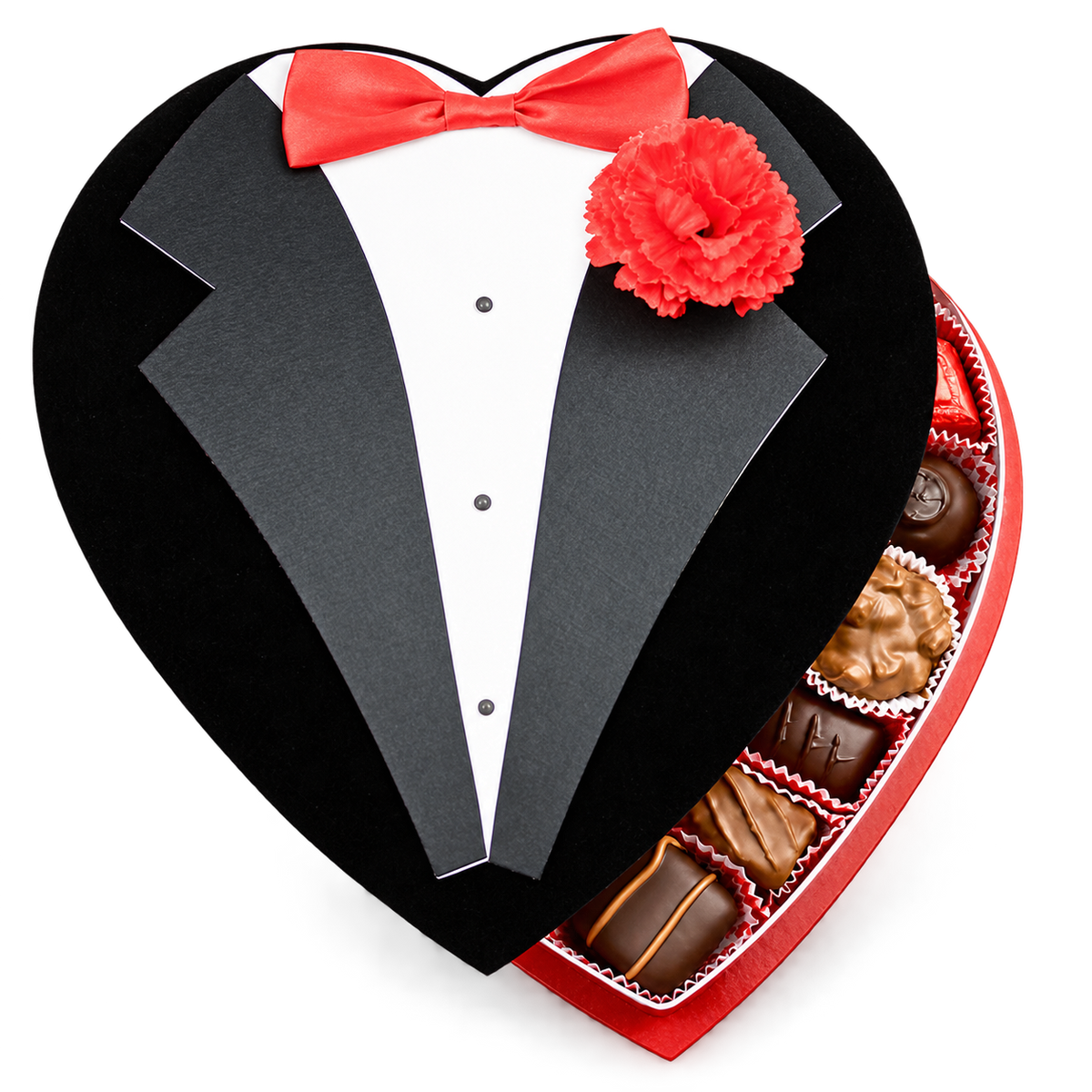 Black Tux With Tie Fabric Heart Box (1lb) - Edelweiss Chocolates