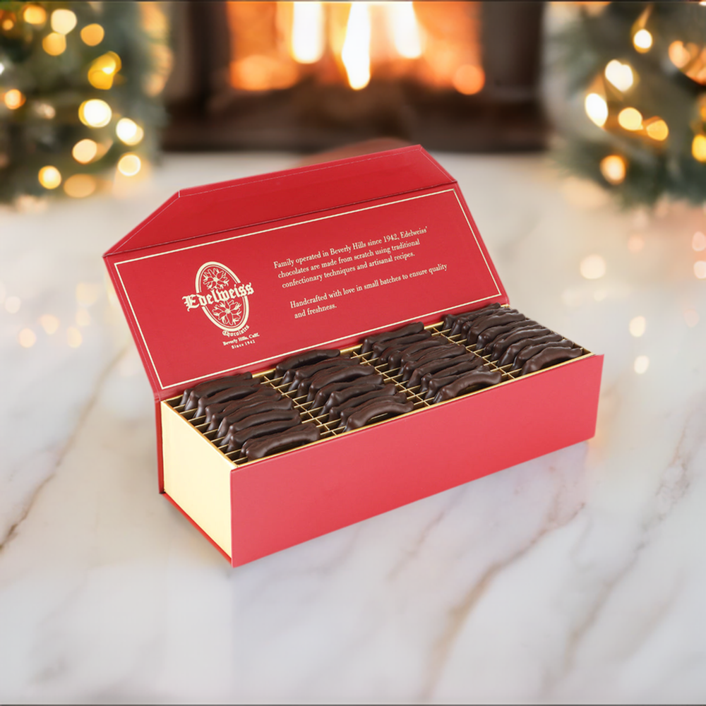 Edelweiss chocolate-covered pretzels in a gift box