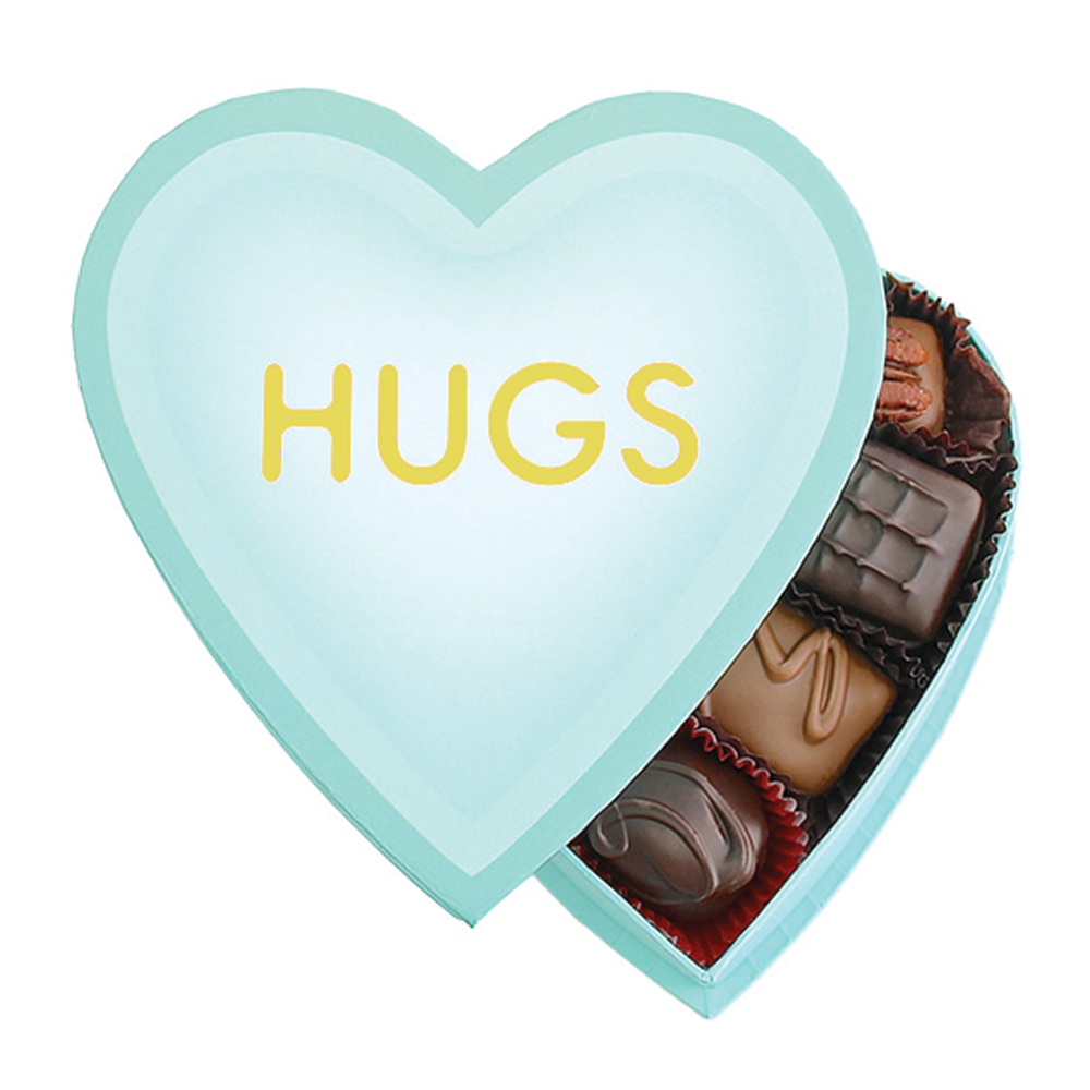 Green Hugs Heart box for valentine's day gourmet chocolates made in Los Angeles and Beverly Hills