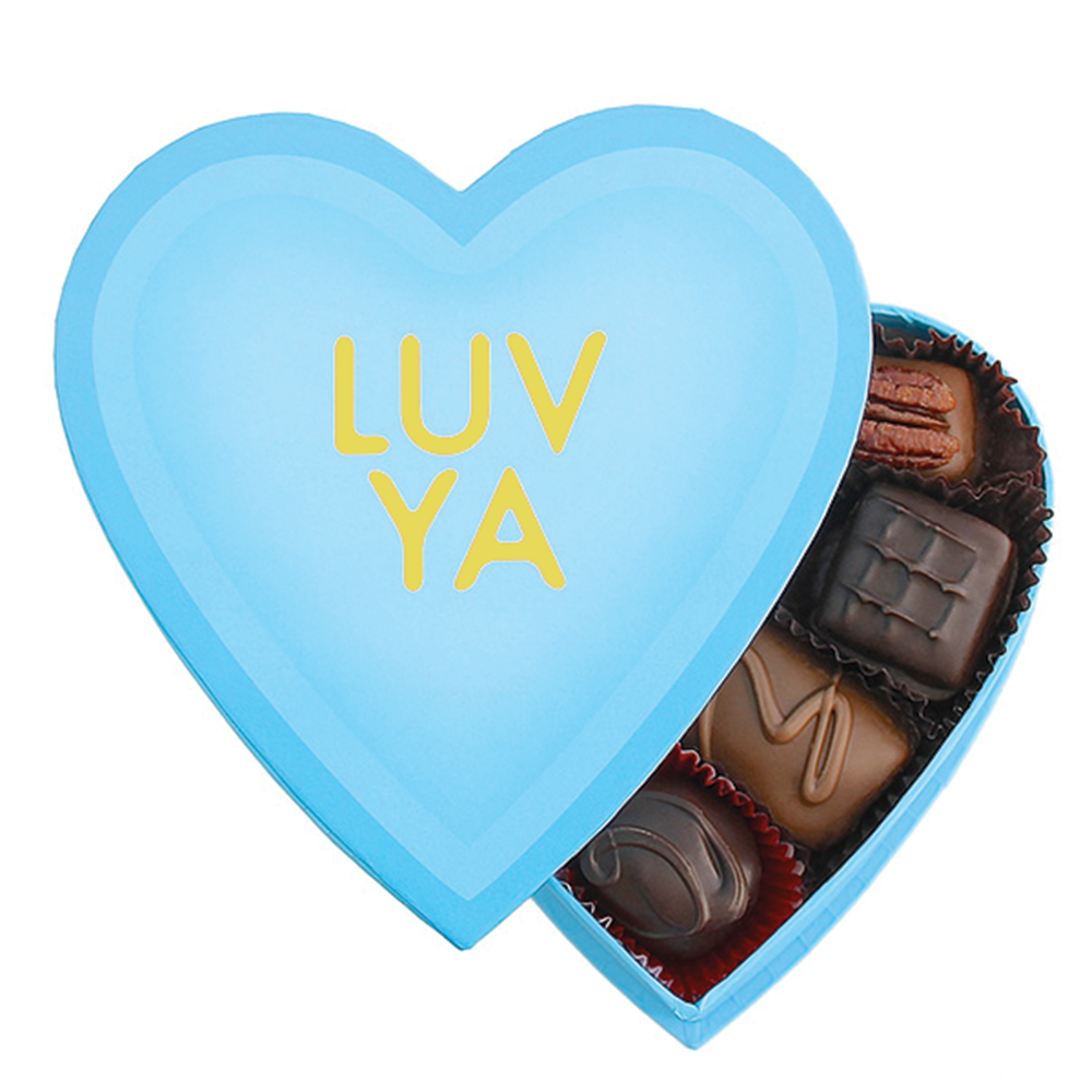 Blue Luv Ya heart box handmade in Beverly Hills and los angeles gourmet chocolate