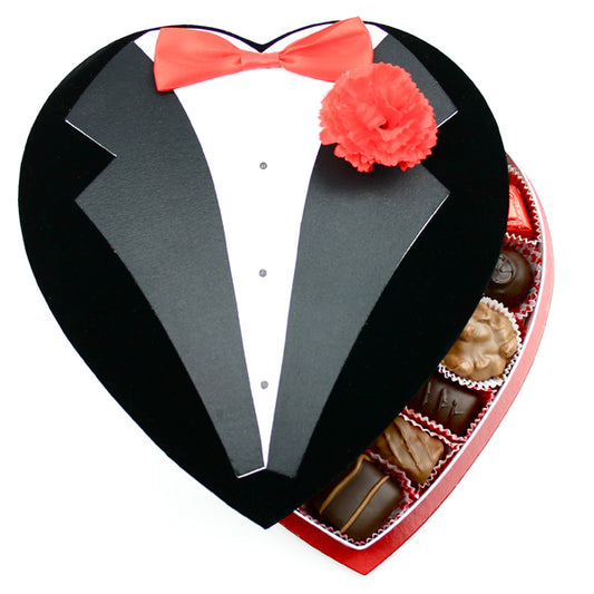 Black Tux With Tie Fabric Heart Box (1lb) - Edelweiss Chocolates