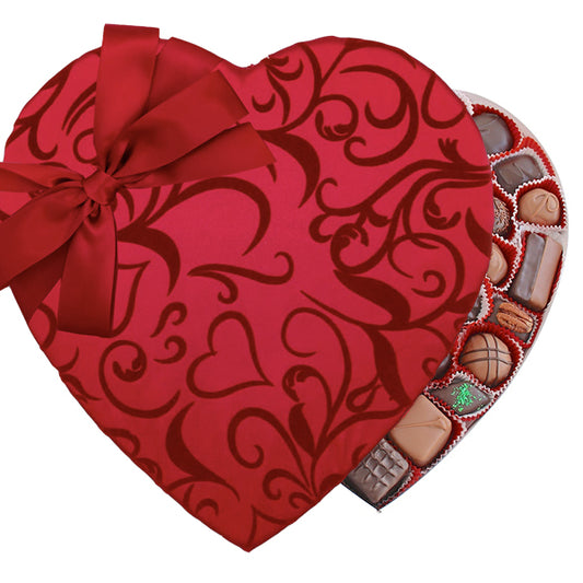 2lb fabric heart box filled with handmade gourmet chocolates made in Beverly Hills and los angeles