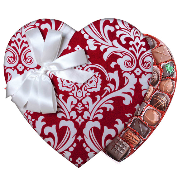 Red Damask Fabric Heart Box (1.5 lb) - Edelweiss Chocolates