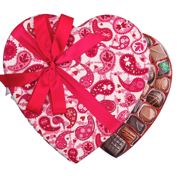 Pink & White Paisley Fabric Heart Box (1.5 lb) - Edelweiss Chocolates